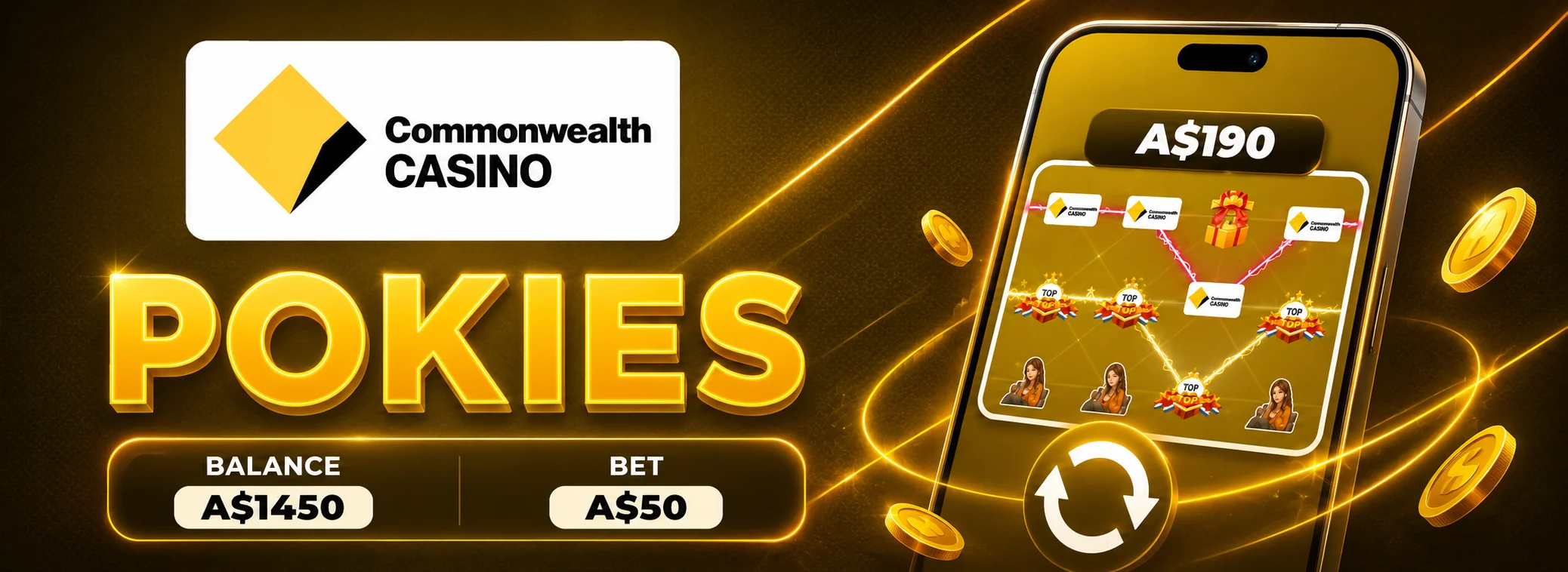 Commonwealth Casino welcome banner showing 100% up to A$1,500 plus 150 free spins with a PayID deposit